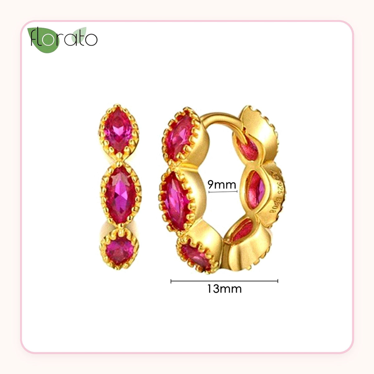 Small gold huggie earrings lined with pink marquise stones
