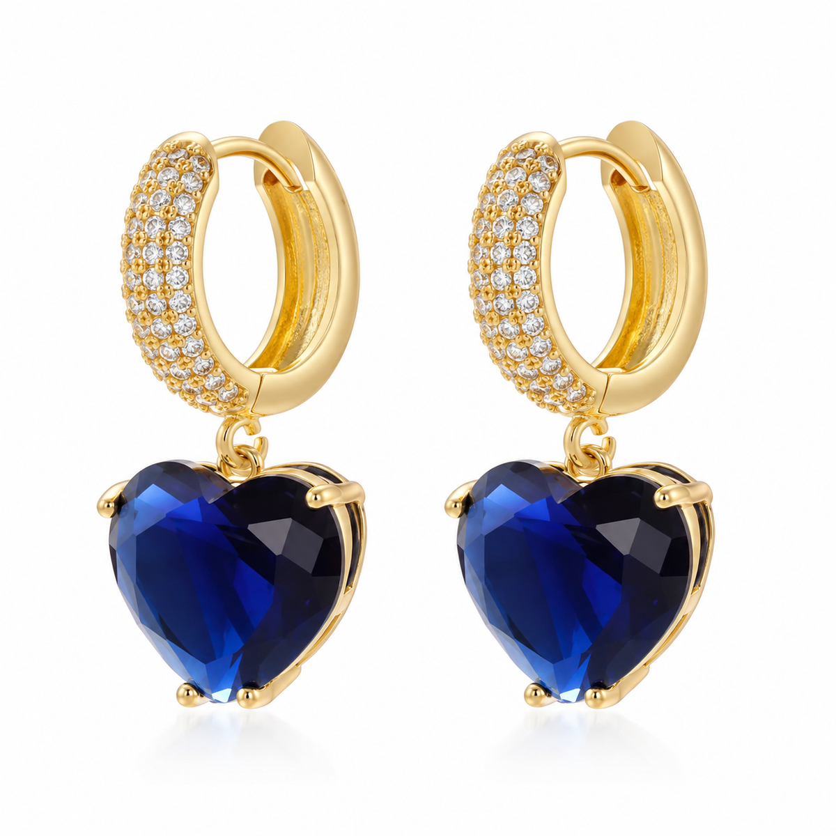 Gold pavé huggie earrings with deep blue heart-shaped cubic zirconia drops