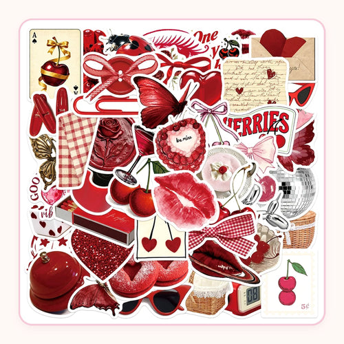 Red cherry-themed sticker pack with bows, lips and disco balls