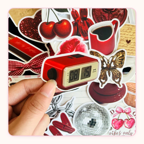 Red cherry-themed sticker pack with bows, lips and disco balls