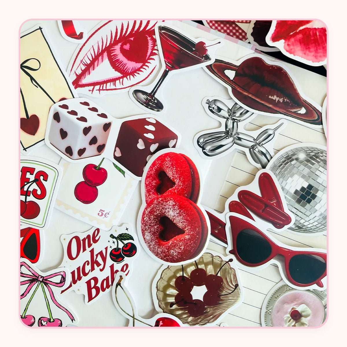 Red cherry-themed sticker pack with bows, lips and disco balls