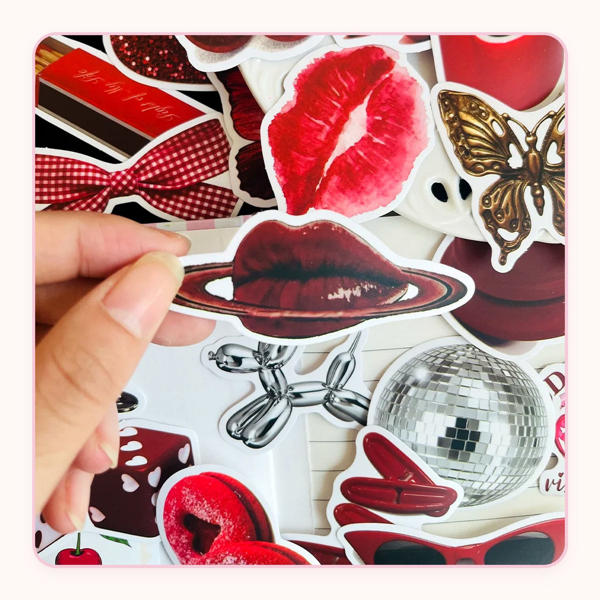 Red cherry-themed sticker pack with bows, lips and disco balls