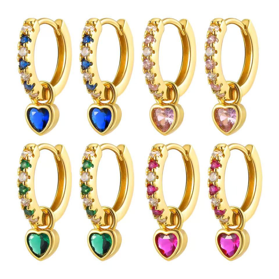 Gold huggie earring with clear stones and pale pink heart charm