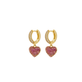 Gold huggie earrings with rose red pavé heart drops