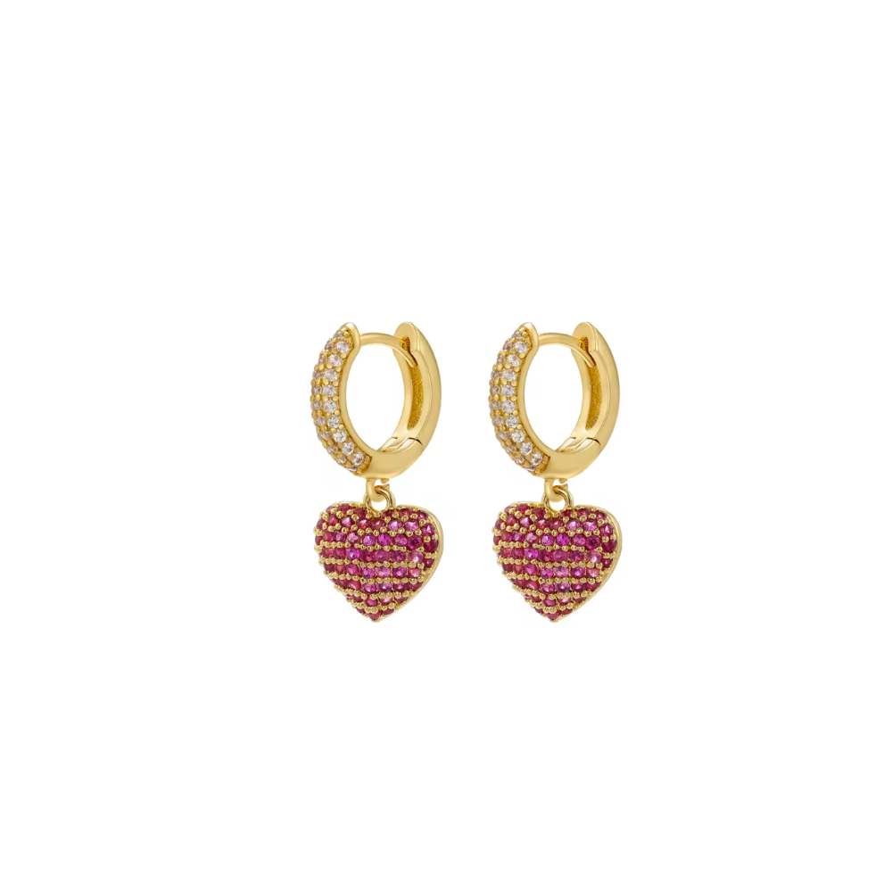 Gold huggie earrings with rose red pavé heart drops