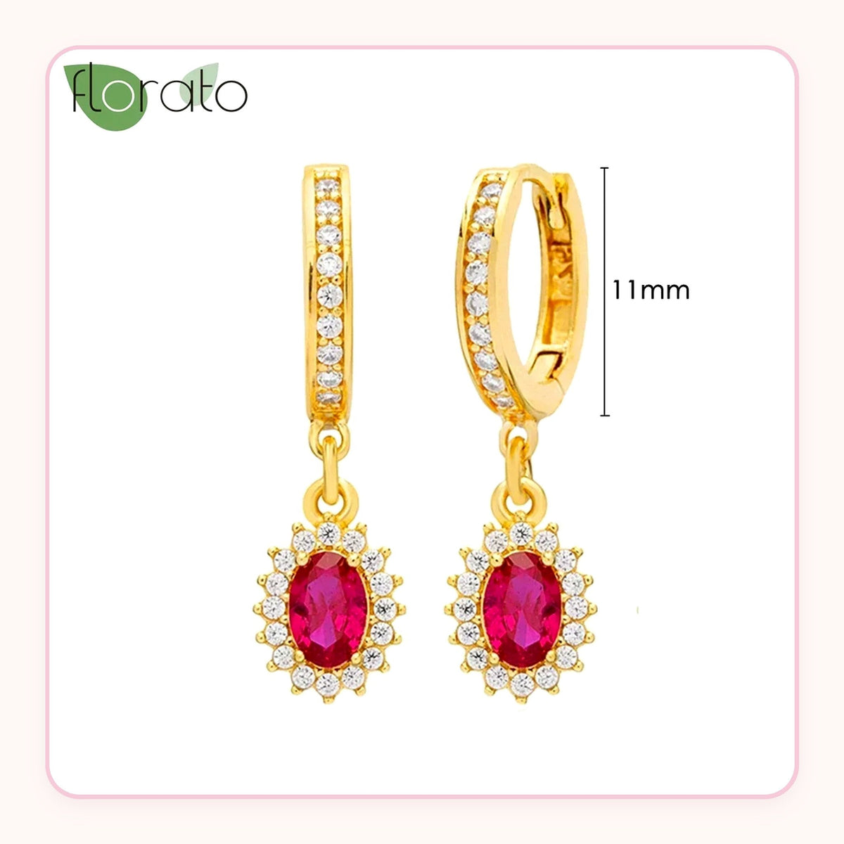 Gold huggie earrings with a pink oval halo drop