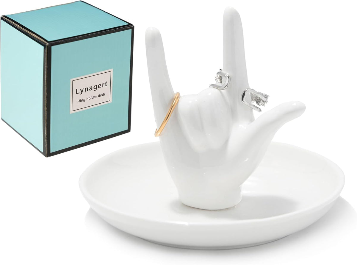 White ceramic I Love You hand ring dish