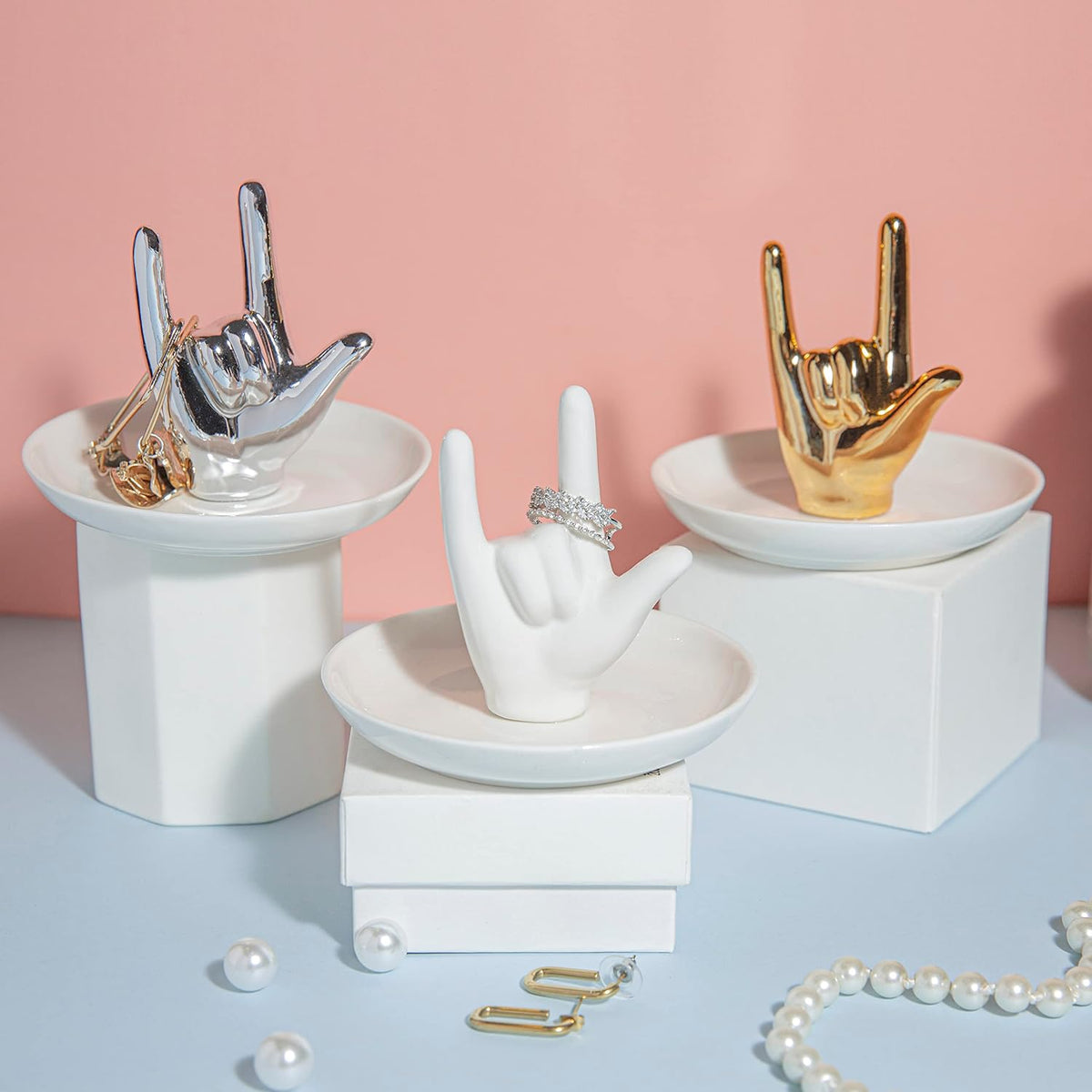 Detail view of white ceramic I Love You hand ring dish