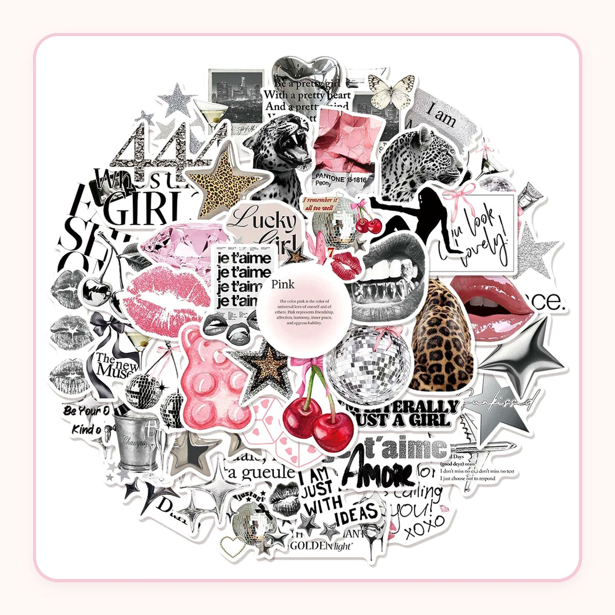 Y2K coquette sticker pack with silver stars, cherries, leopard and disco balls