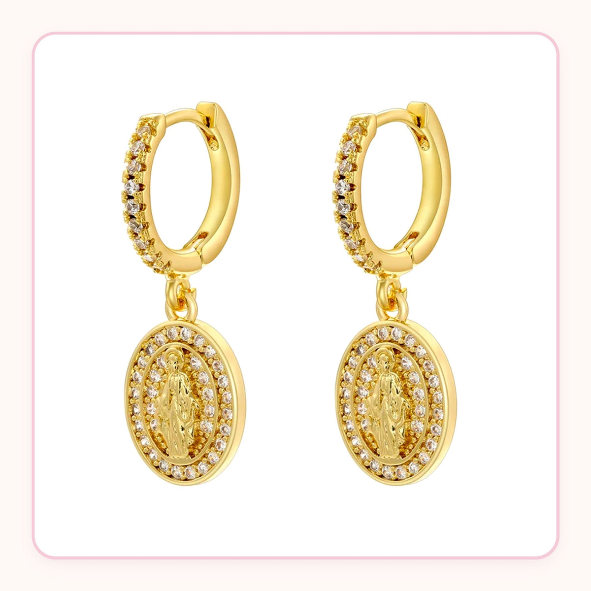Gold huggie earrings with Virgin Mary medallion and clear stones