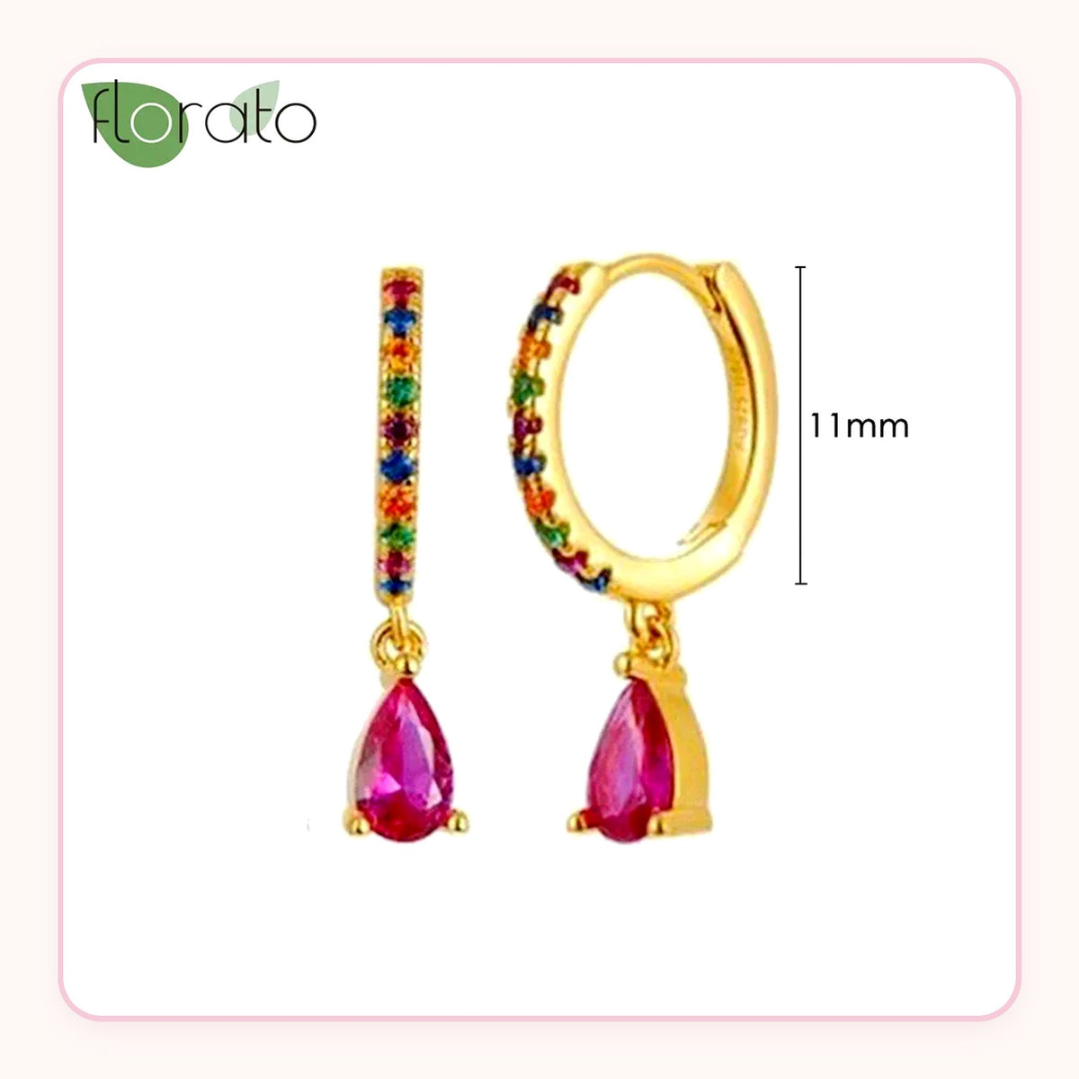Gold huggie earrings with rainbow crystals and rose-red teardrop charm