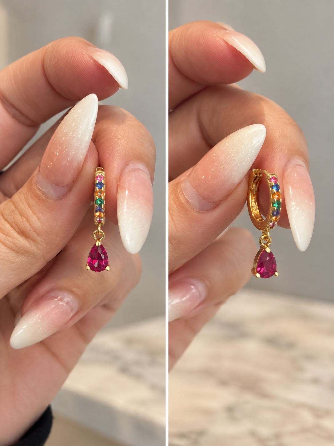 Rainbow gemstone gold huggie earring with deep pink teardrop charm, front and angled views