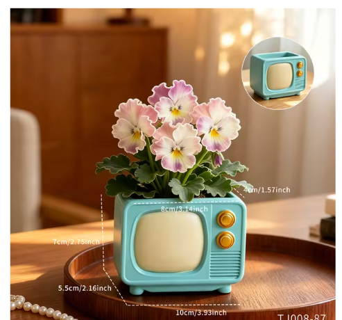 Turquoise retro TV-shaped resin planter for small succulents and plants