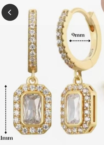 Gold huggie earrings with clear rectangular crystal halo drops