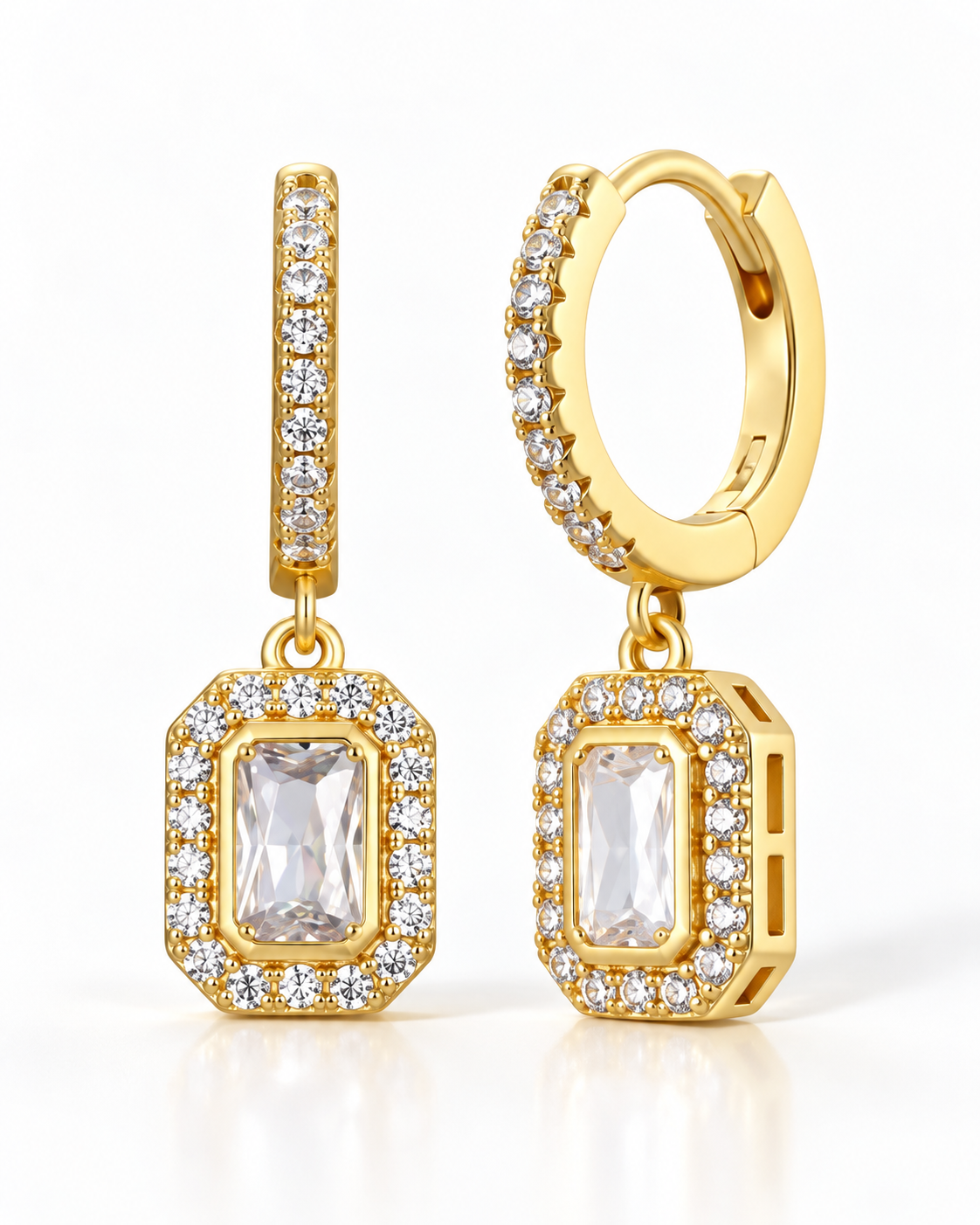 Pair of gold huggie hoop earrings with clear emerald-cut crystal halo drops
