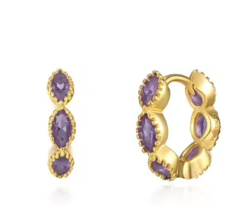Gold hoop earrings with three purple stones