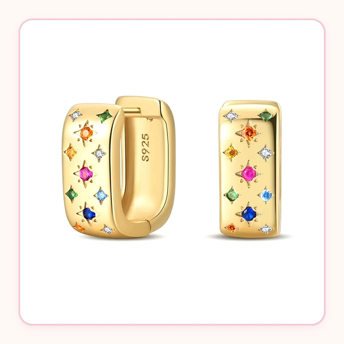 Chunky gold huggie earrings with rainbow star-shaped stones