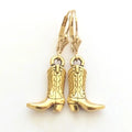 Gold cowboy boot charm earrings with lever-back hooks