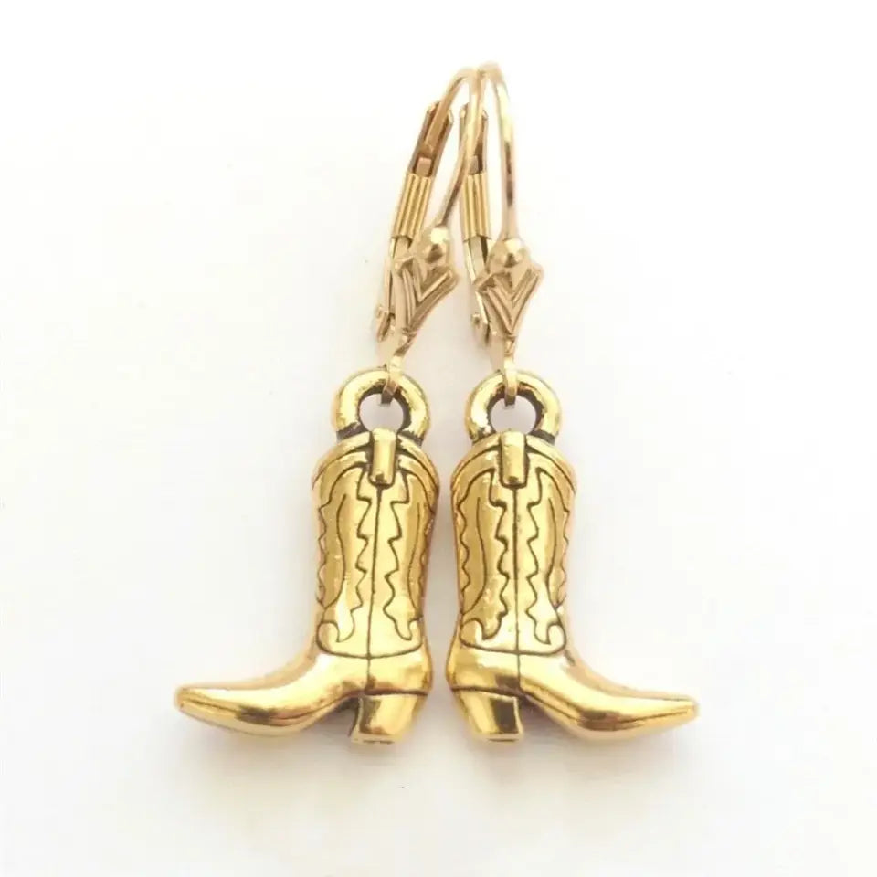 Gold cowboy boot charm earrings with lever-back hooks